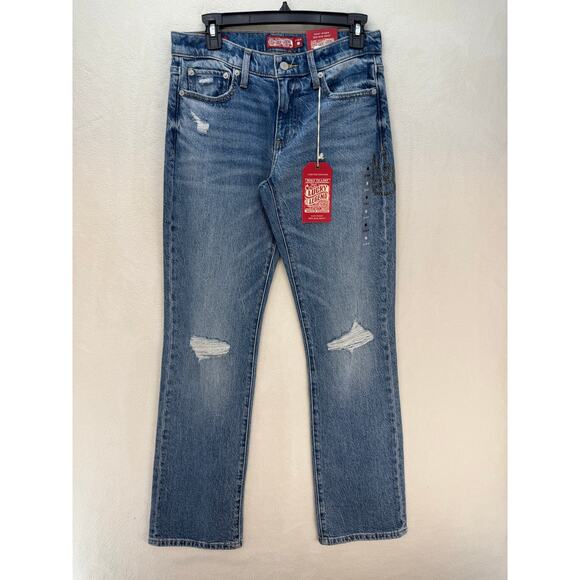 LUCKY BRAND LEGEND SERIES WOMEN'S 2/26R EASY RIDER MID RISE BOOT BLU EMBROIDERED - Picture 1 of 8